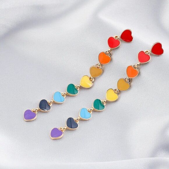 Rainbow Heart Dangle Earrings in Gold - Picture 6 of 6